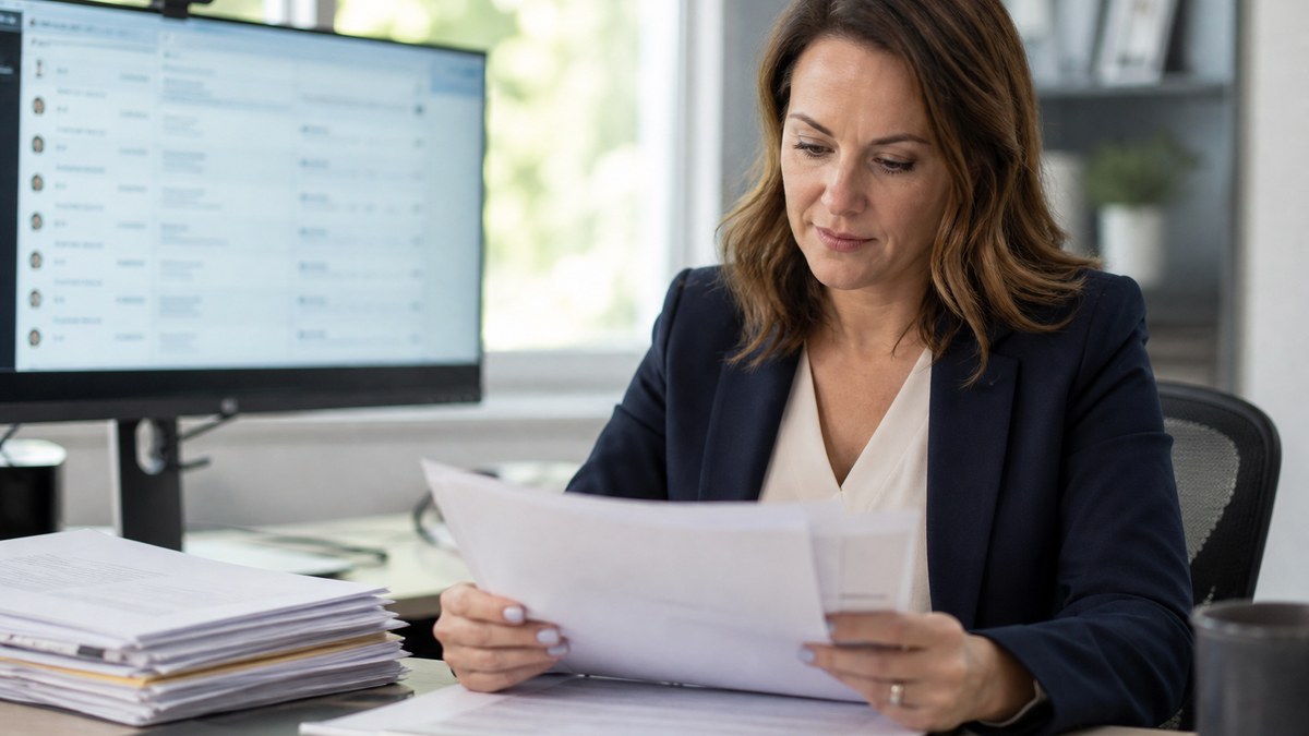 Recruiter reviewing a resume on screen with highlighted relevance markers, skills alignment, and ATS-parseable formatting