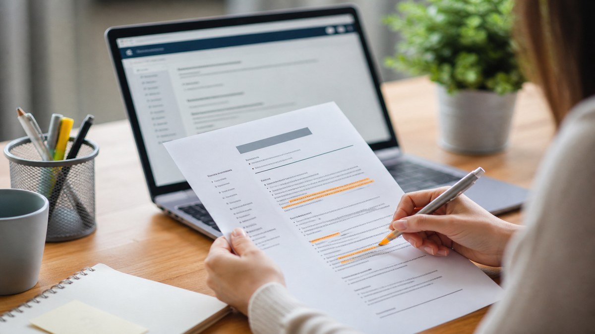 Professional reviewing transferable job skills and competencies on a resume beside a job posting