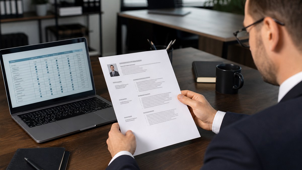 Professional reviewing employability skills checklist with hard skills, soft skills, and digital literacy categories for job applications