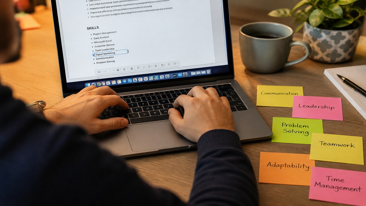 Job seeker reviewing a resume skills section with hard and soft skills aligned to a job posting on a laptop