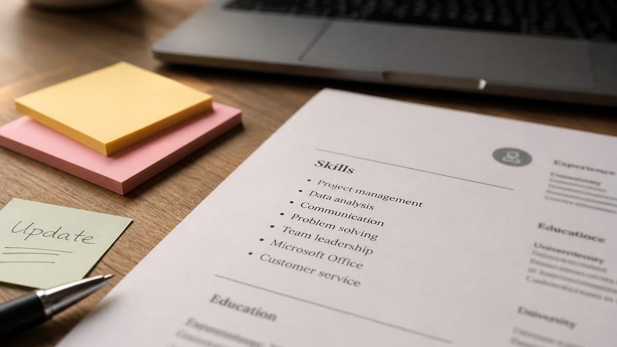Close-up of a resume skills section with sticky notes on a desk