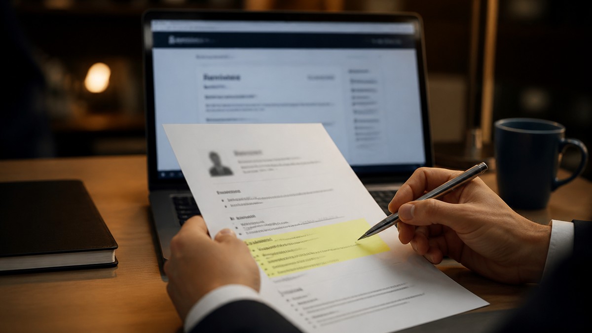 Resume skills section on a laptop screen showing categorized hard and soft skills beside a job description with highlighted keywords