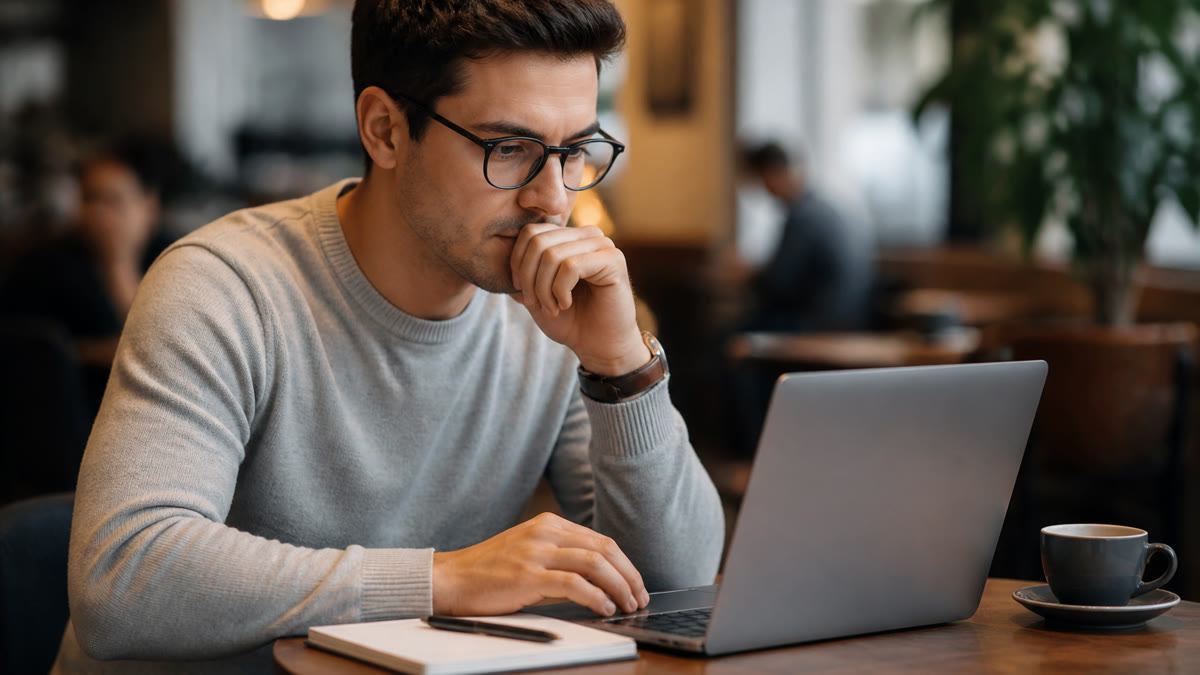 Job seeker reviewing resume objective and summary examples on a laptop at a home desk