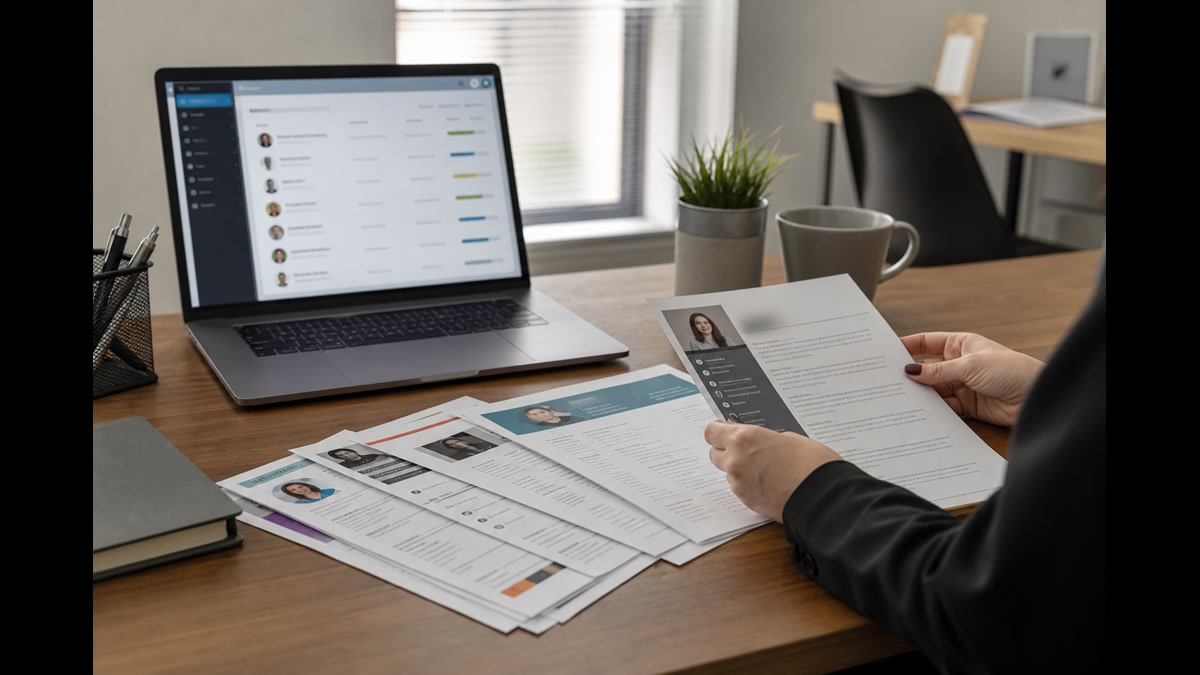 Stack of 2025-style single-column resumes on a recruiter desk beside a Workday applicant tracking screen showing parsed candidate fields