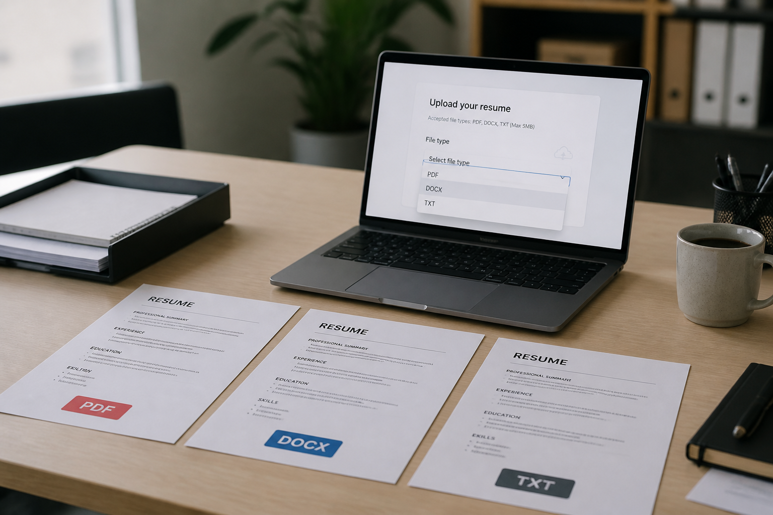 PDF DOCX and TXT resume printouts on a desk next to a laptop job application upload screen