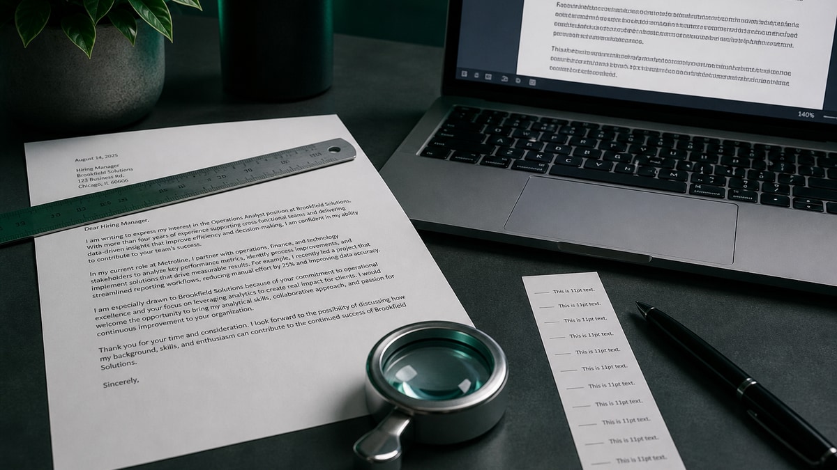 Cover letter draft on a monitor with 11-point and 12-point type samples beside a ruler on a desk
