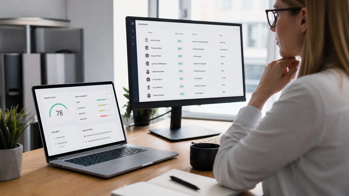 Resume score dashboard beside a recruiter viewing a candidate list