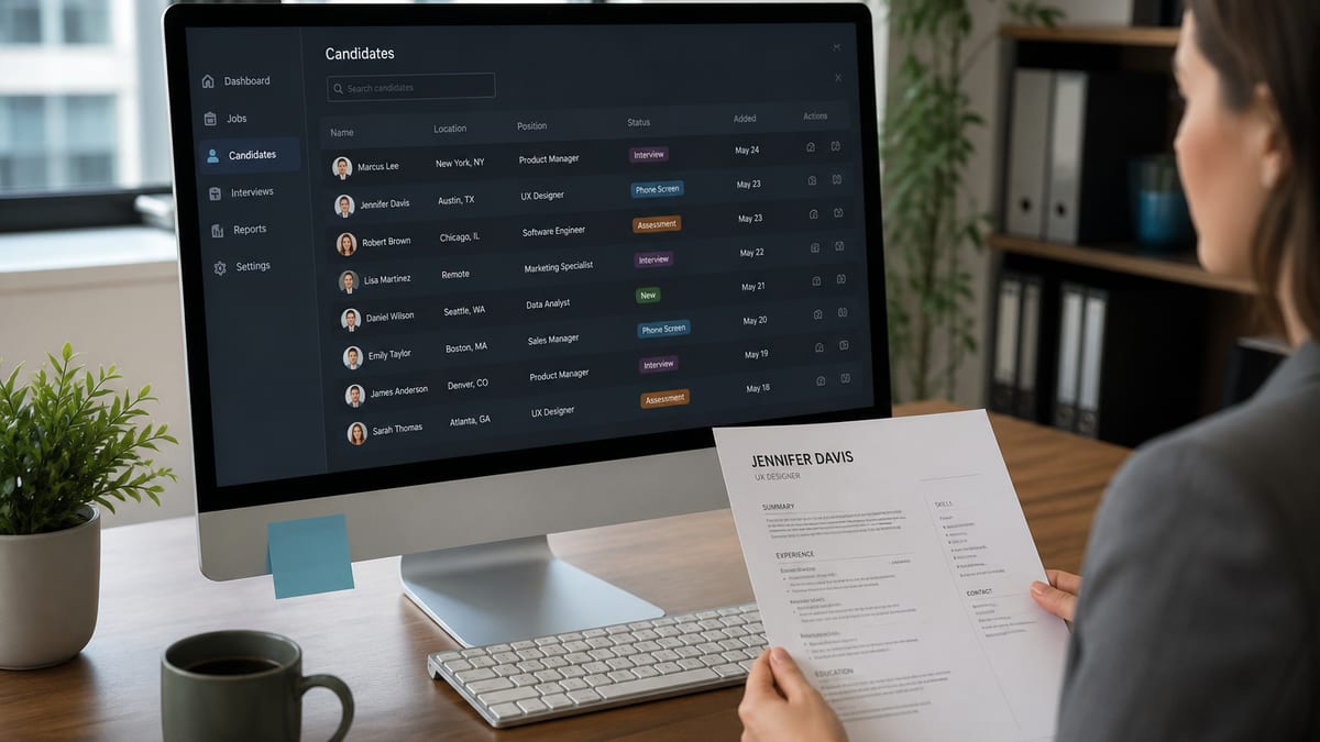 Recruiter database on a large monitor with a printed resume nearby