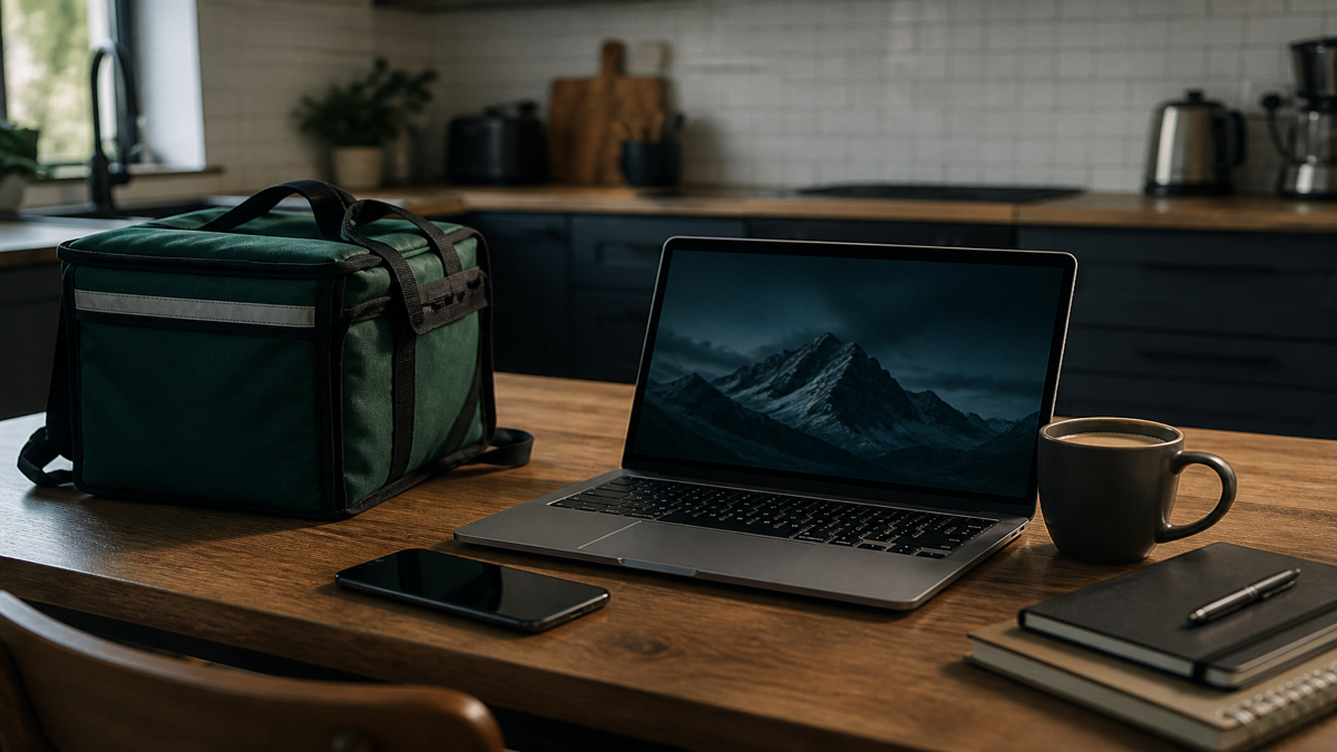 Delivery bag and laptop freelance setup on kitchen table