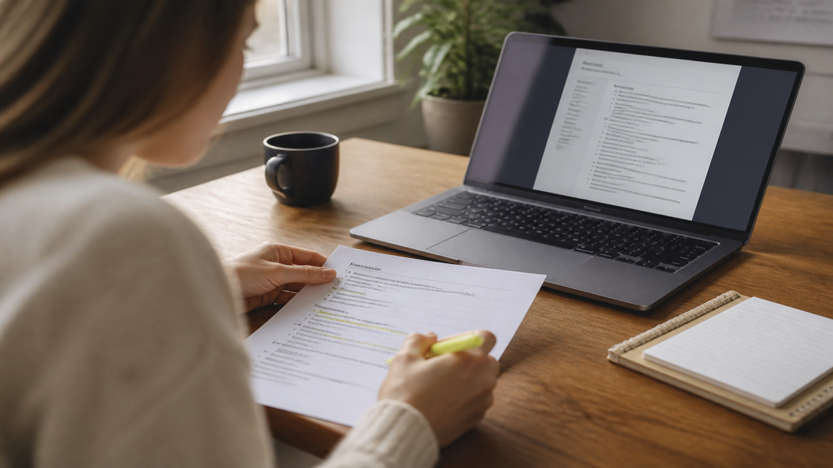 Job seeker highlighting a printed job description beside an open laptop with a resume on screen at a home desk