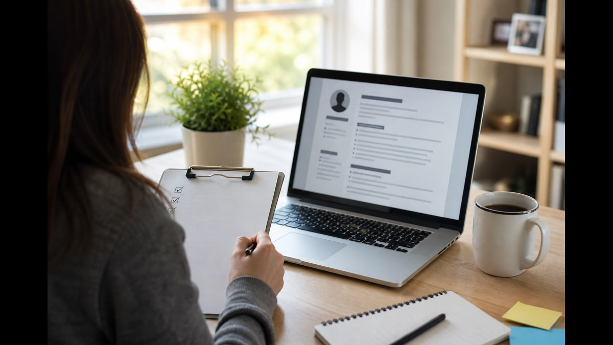 Job seeker reviewing a resume section checklist with required contact, experience, education, and skills blocks highlighted