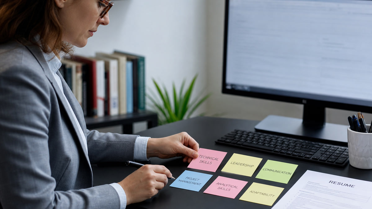 Job seeker organizing resume skill categories on a laptop with an ATS keyword match report