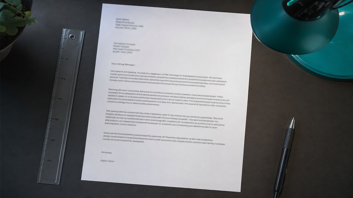 Cover letter draft with margin and line spacing guides on a desk