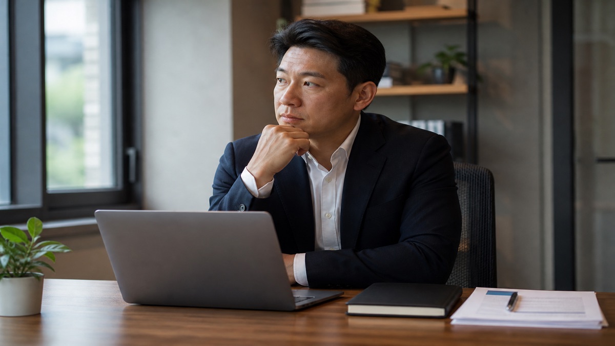Professional sitting with a closed notebook after a difficult performance review