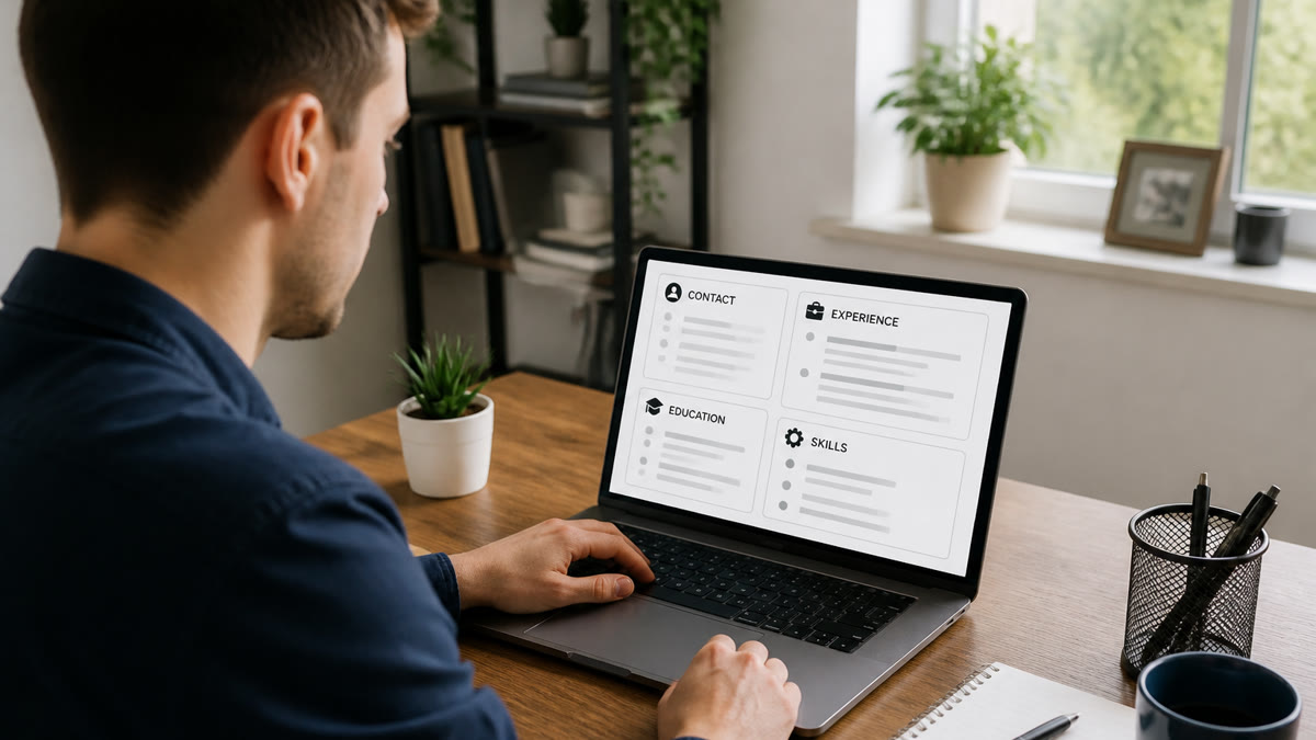 Job seeker reviewing a complete US resume checklist with contact, experience, education, and skills sections on a laptop