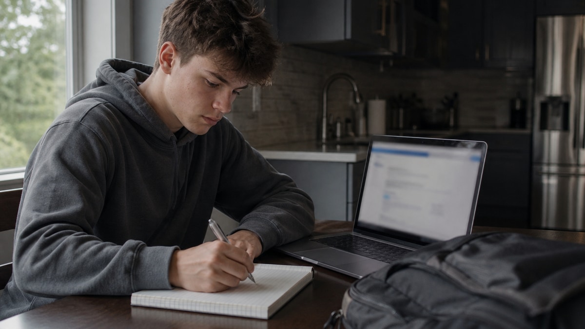 Teen writing a first-job letter at a kitchen table with a laptop