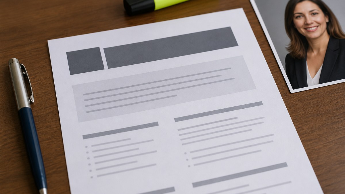 Job seeker drafting a professional summary at the top of a one-page resume on a laptop