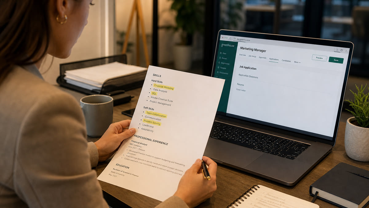Resume skills section organized into technical tools, methods, and core competencies on a laptop screen