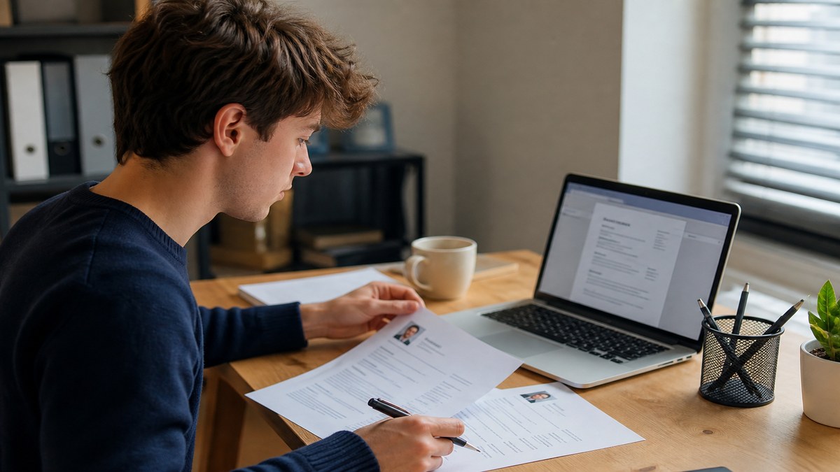 Young professional reviewing what to put on a job resume for first job on a laptop with education and skills sections visible