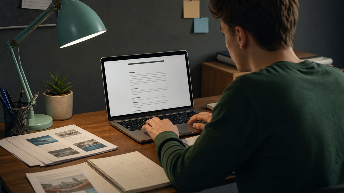 Student building a first resume with project papers and a laptop