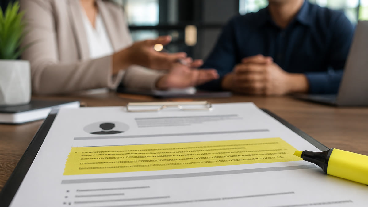 Job seeker drafting the profile section of a resume with professional summary examples on a laptop
