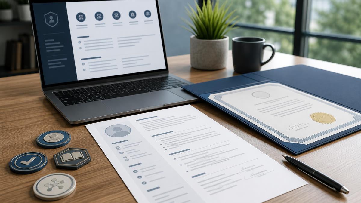 Printed resume with certifications section highlighted beside a laptop showing a job application form