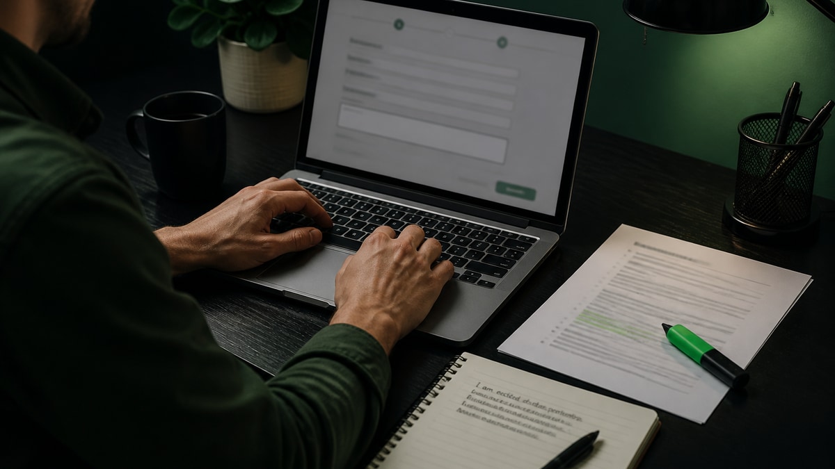 Applicant drafting a three-part job application answer beside a laptop showing a careers portal form