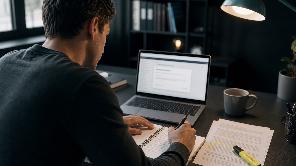 Job seeker writing an application answer in a notebook beside a laptop with a blurred job form
