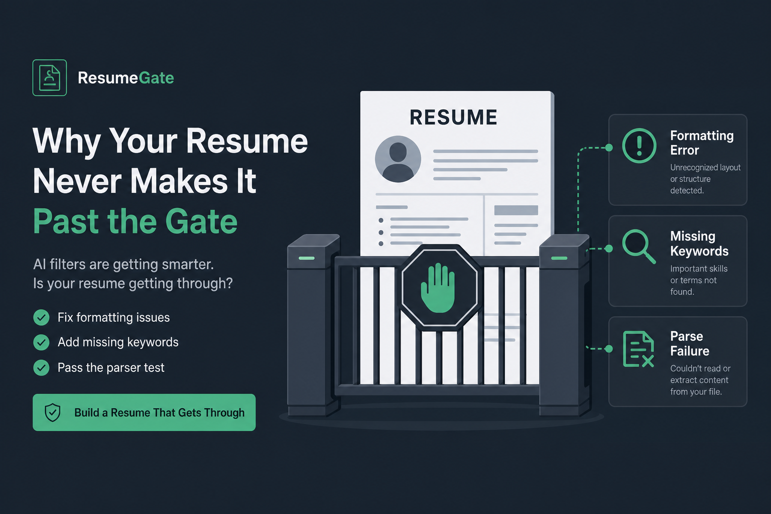 Diagram of the five most common reasons an ATS rejects a qualified candidate's resume