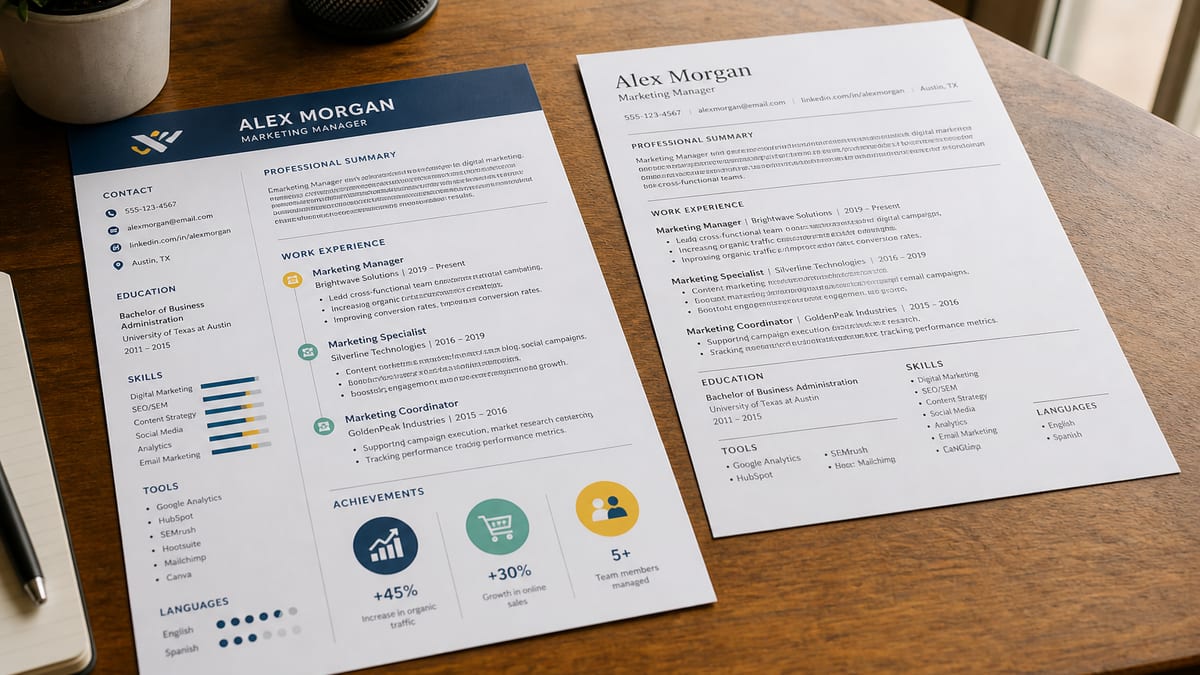 Colorful infographic resume beside a plain single-column text resume