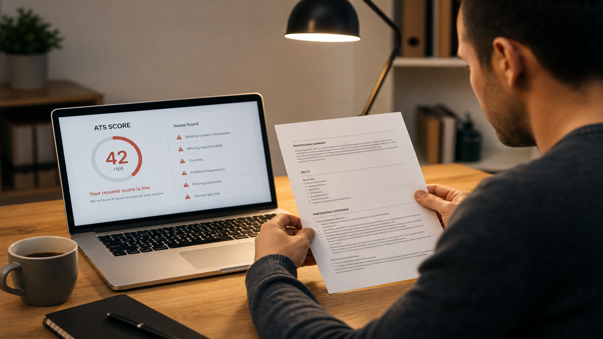Job seeker reviewing a low ATS resume score on a laptop beside a single-column printed resume on a home desk
