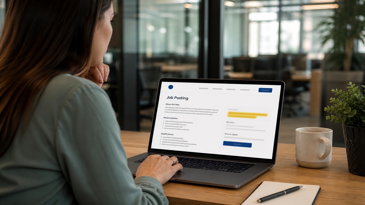 Recruiter reviewing a job posting with a salary range on screen