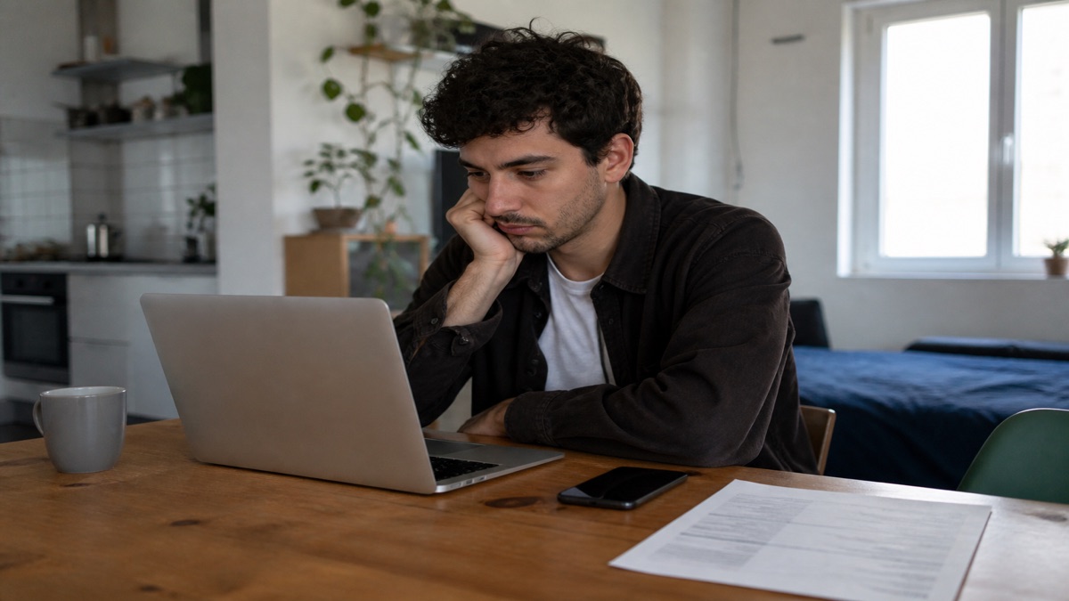 Job seeker waiting on a laptop with a printed resume nearby