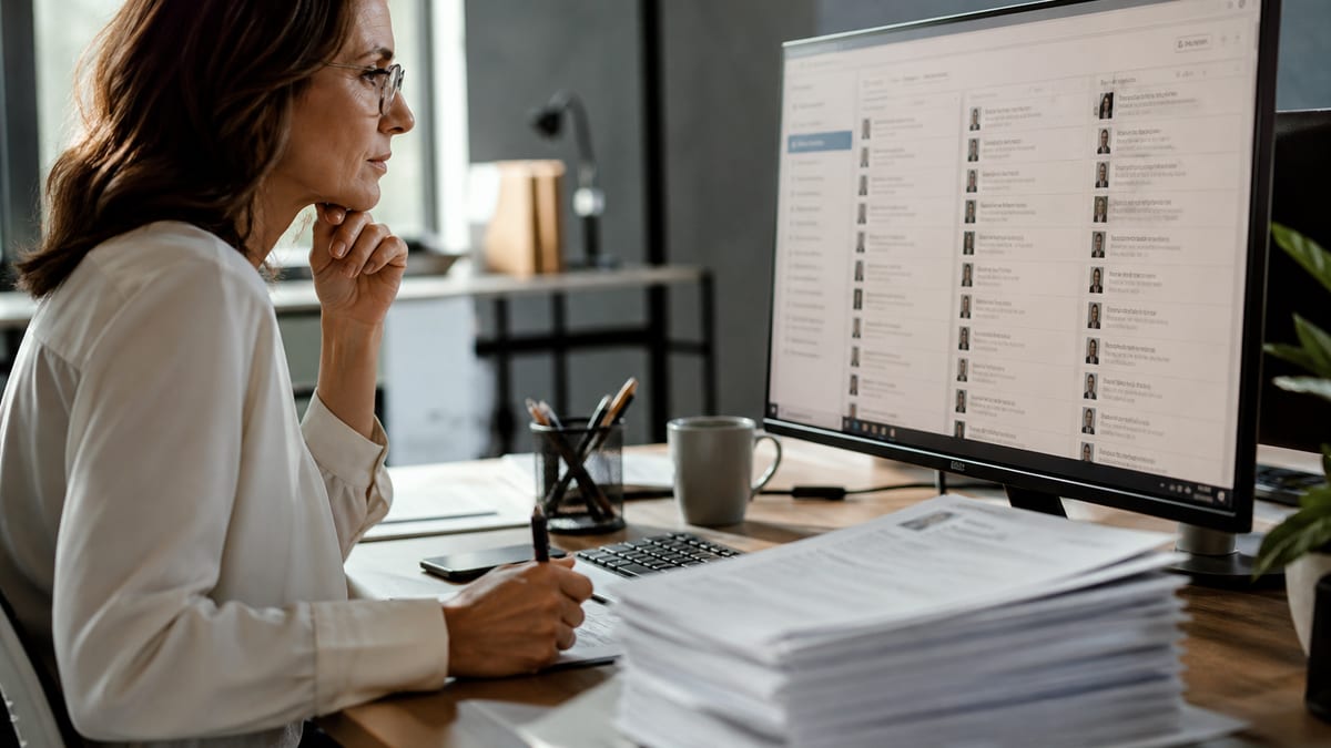 Recruiter searching a candidate database with a stack of printed resumes