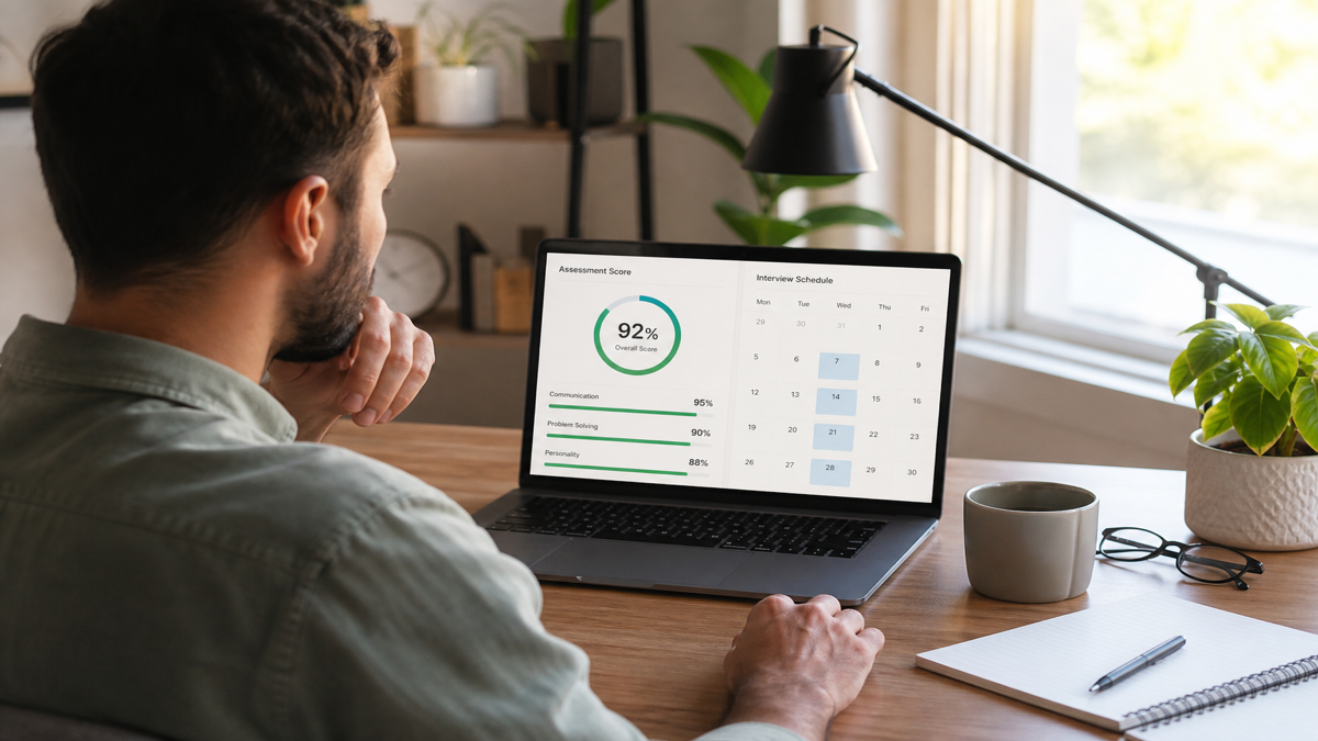 Job seeker at a desk comparing an ATS score dashboard on a laptop with a calendar showing interview appointments