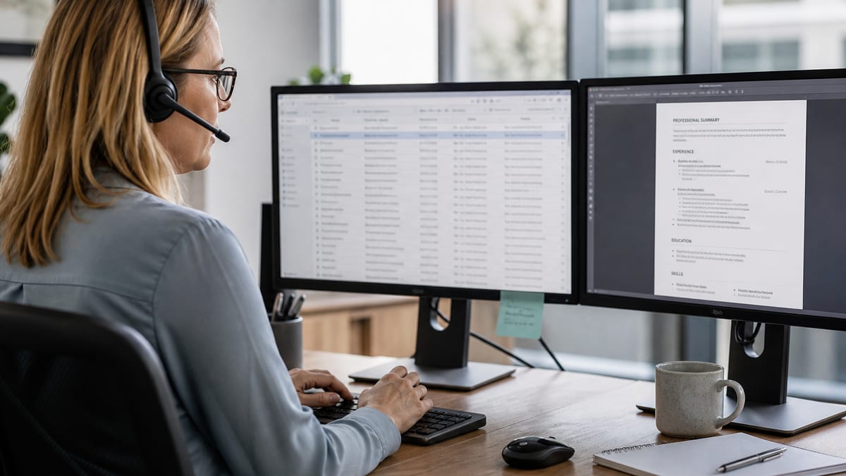 Recruiter opening a resume from a long candidate list on dual monitors