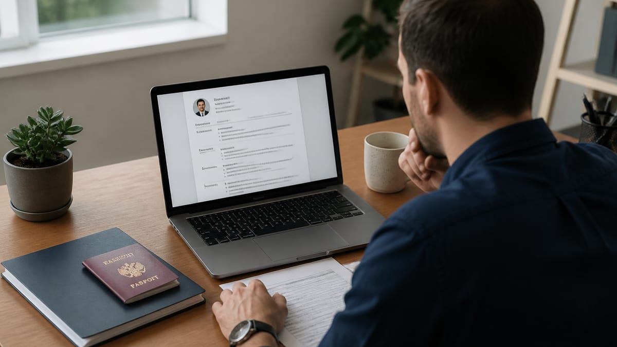 Professional editing a resume header with travel documents nearby