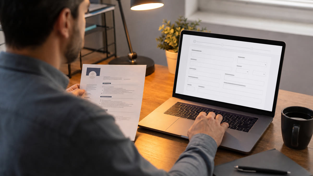 Job seeker comparing a printed resume with scrambled fields on a Workday application screen