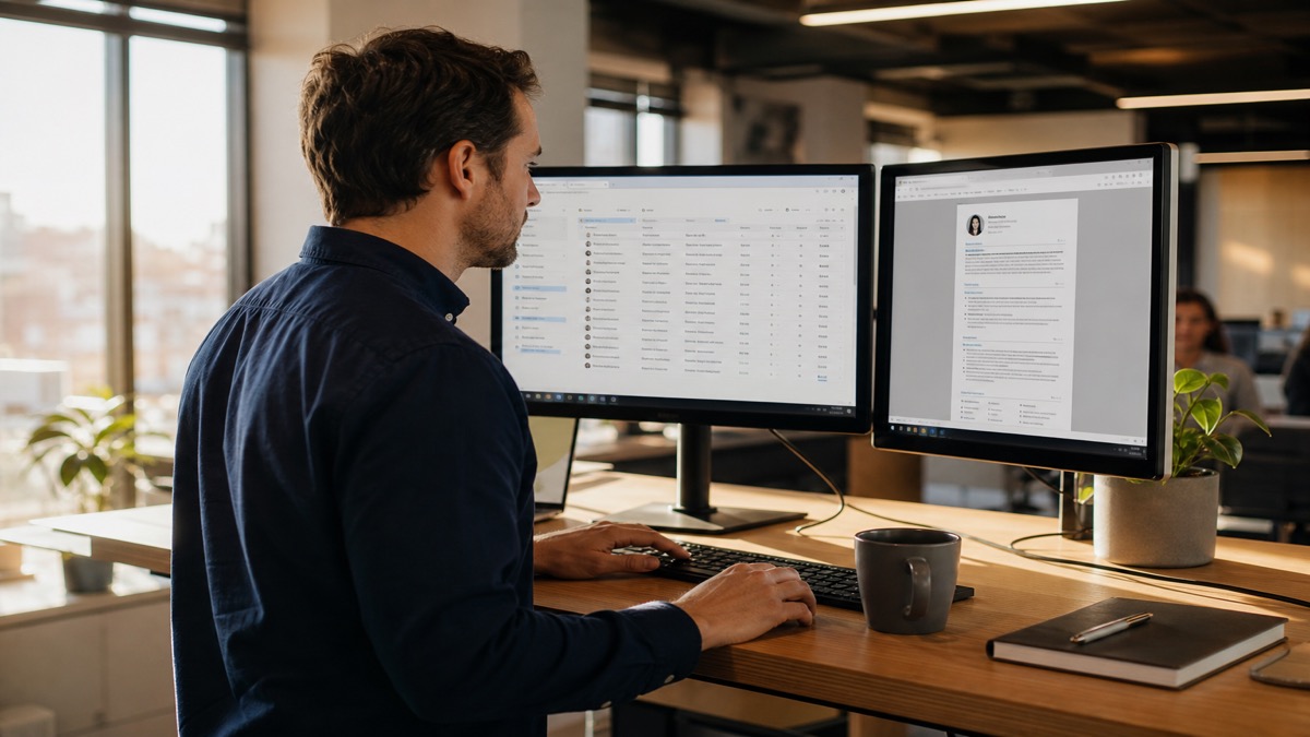 Recruiter laptop showing Workday candidate profile fields beside a printed single-column resume
