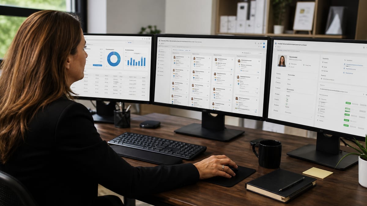 Recruiter comparing applicant tracking dashboards on three monitors