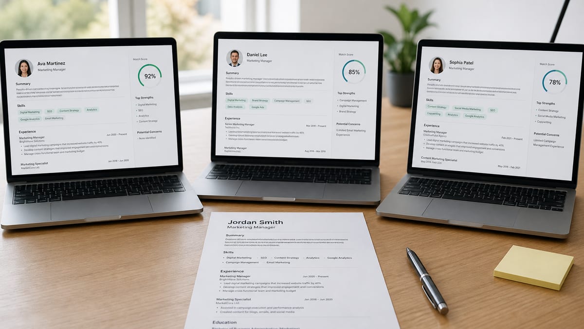 Printed resume beside three screens showing different parsed candidate profiles