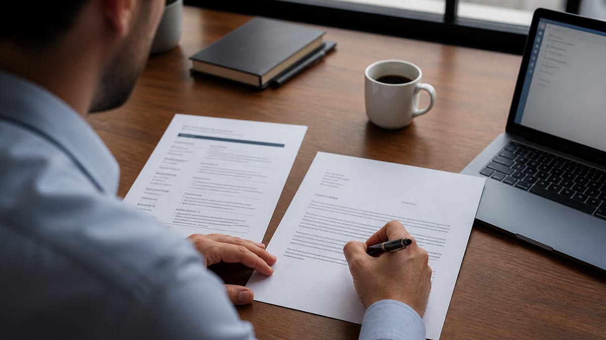 Professional writing a cover letter example next to a resume on a desk